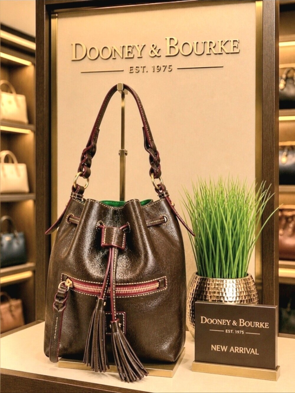 Dooney & Bourke Tmoro Vintage Dark Brown Leather Drawstring Bucket Shoulder Bag